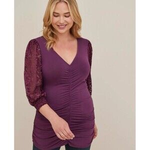 Torrid Super Soft Knit Top Women's 3X Wine Purple Lace Bishop Sleeves Stretchy